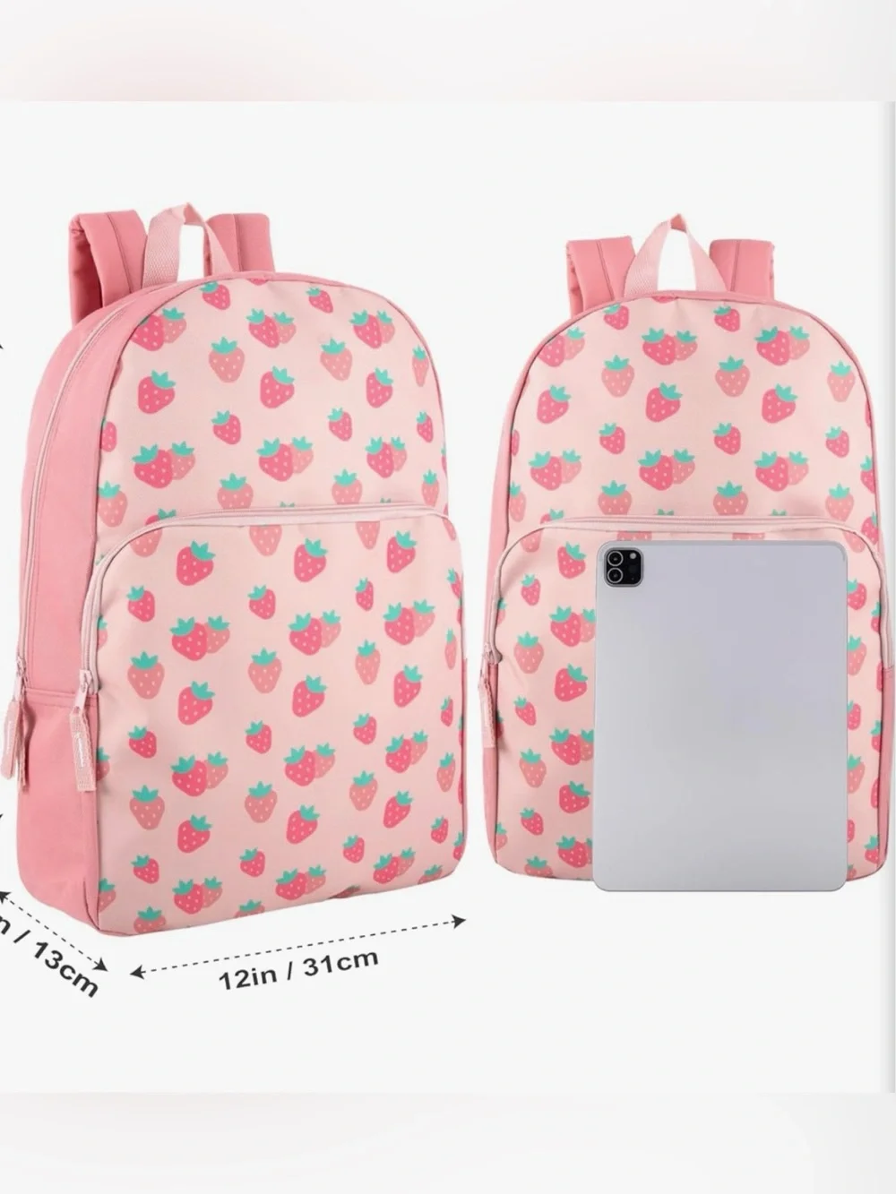 Kids Pink Strawberry Print Backpack - Cute Lightweight School Bag